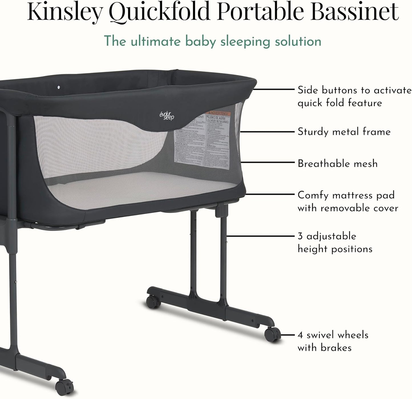 Evolur Kinsley Bedside Bassinet – Quick Fold, Breathable Mesh Sides, Lightweight Portable Baby Sleeper with Carry Bag – Newborn to 6 Months