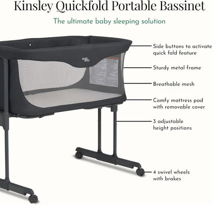 Evolur Kinsley Bedside Bassinet – Quick Fold, Breathable Mesh Sides, Lightweight Portable Baby Sleeper with Carry Bag – Newborn to 6 Months
