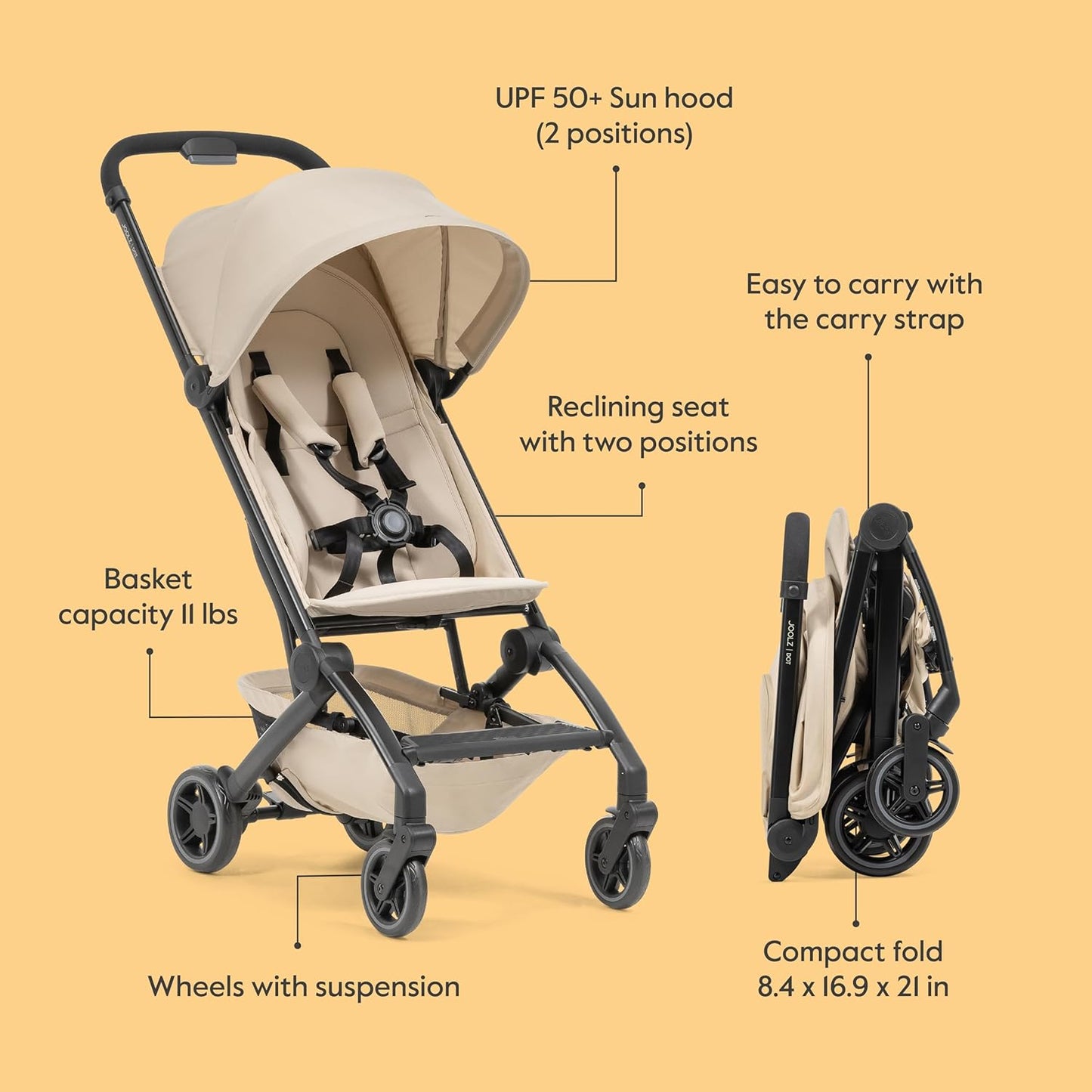 Joolz Dot Ultra Lightweight Travel Stroller – Compact Fold, Airplane Compatible, 5-Point Harness, UPF 50+ Canopy – Easy to Carry City & Travel Stroller - Dune Beige