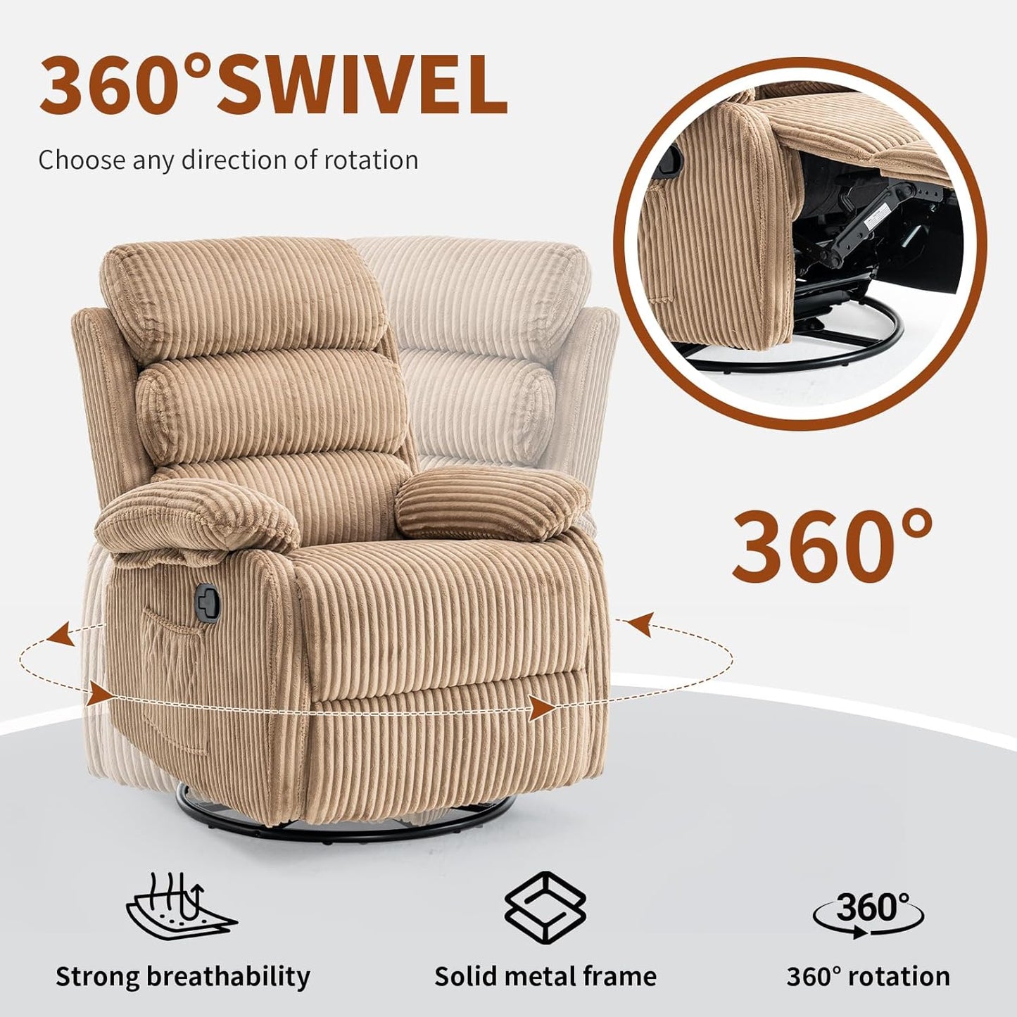 Adult 360° Rocking Recliner Chair，Nursery Rocker Reclining Chair with Side Pocket, a Comfy upholstered Single Sofa Armchair. Suitable for Living Room, Bedroom Nursing use, Velvet Fabric in Beige