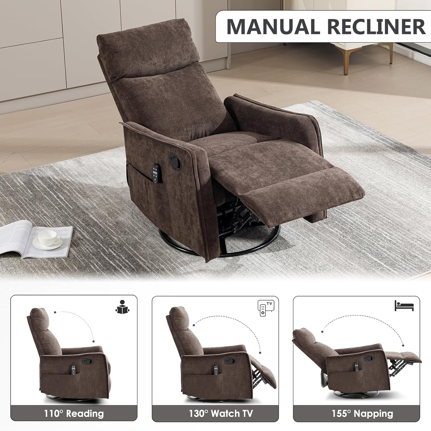 Trustyue Swivel Rocker Recliner Chair, 360° Swivel Recliner with Heat and Massage, Rocker Recliner Nursery Glider Chair with Side Pockets for Living Room (Beige, Fabric)