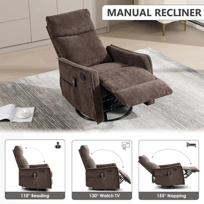 Trustyue Swivel Rocker Recliner Chair, 360° Swivel Recliner with Heat and Massage, Rocker Recliner Nursery Glider Chair with Side Pockets for Living Room (Beige, Fabric)