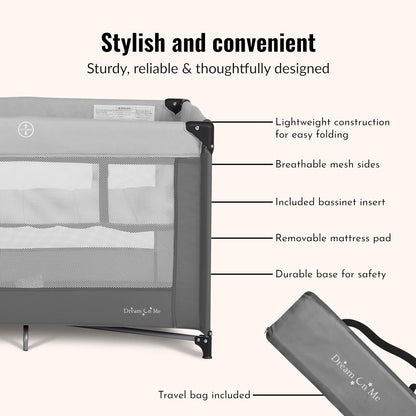 Dream On Me Zazzy Portable Playard with Bassinet in Black, Lightweight Packable and Easy Setup Baby Playard with Mattress and Travel Bag