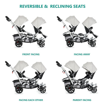 Dream On Me Track Tandem Double Umbrella Stroller in Slate, Lightweight Double Stroller for Infant and Toddler, Multi-Position Reversible & Reclining Seats, Large Storage Basket and Canopy