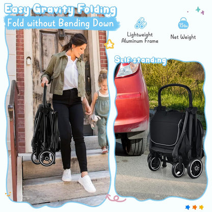HONEY JOY Lightweight Baby Stroller, Compact Travel Stroller for Airplane, Fits Airplane Cabin & Overhead, One-Hand Gravity Fold, Self-Standing Toddler Stroller w/Adjustable Backrest/Canopy(Pink)