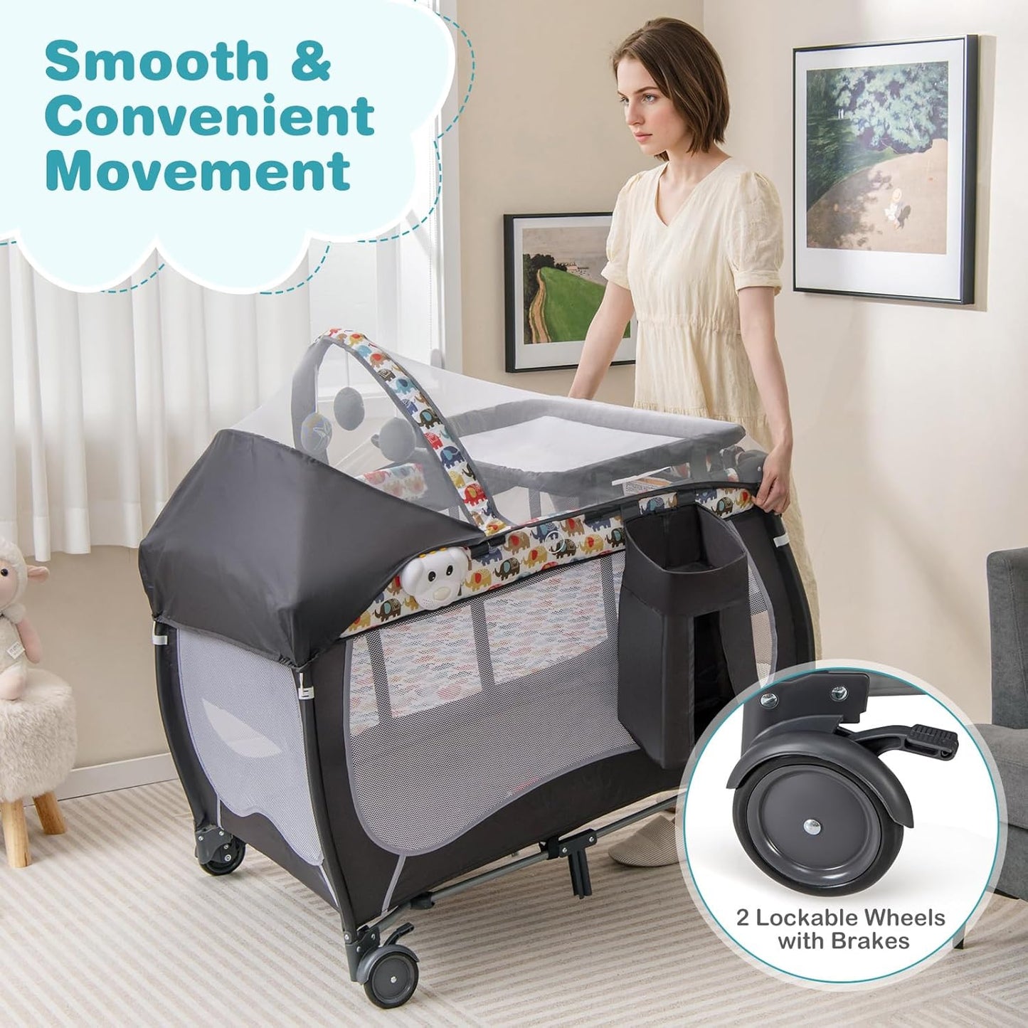 HONEY JOY Pack and Play with Bassinet, 4-in-1 Portable Baby Playard with Changing Table, Net & Cute Toys, Diaper Storage Bag, Music Box, Wheels with Brake, Foldable Newborn Play Yard w/Carry Bag