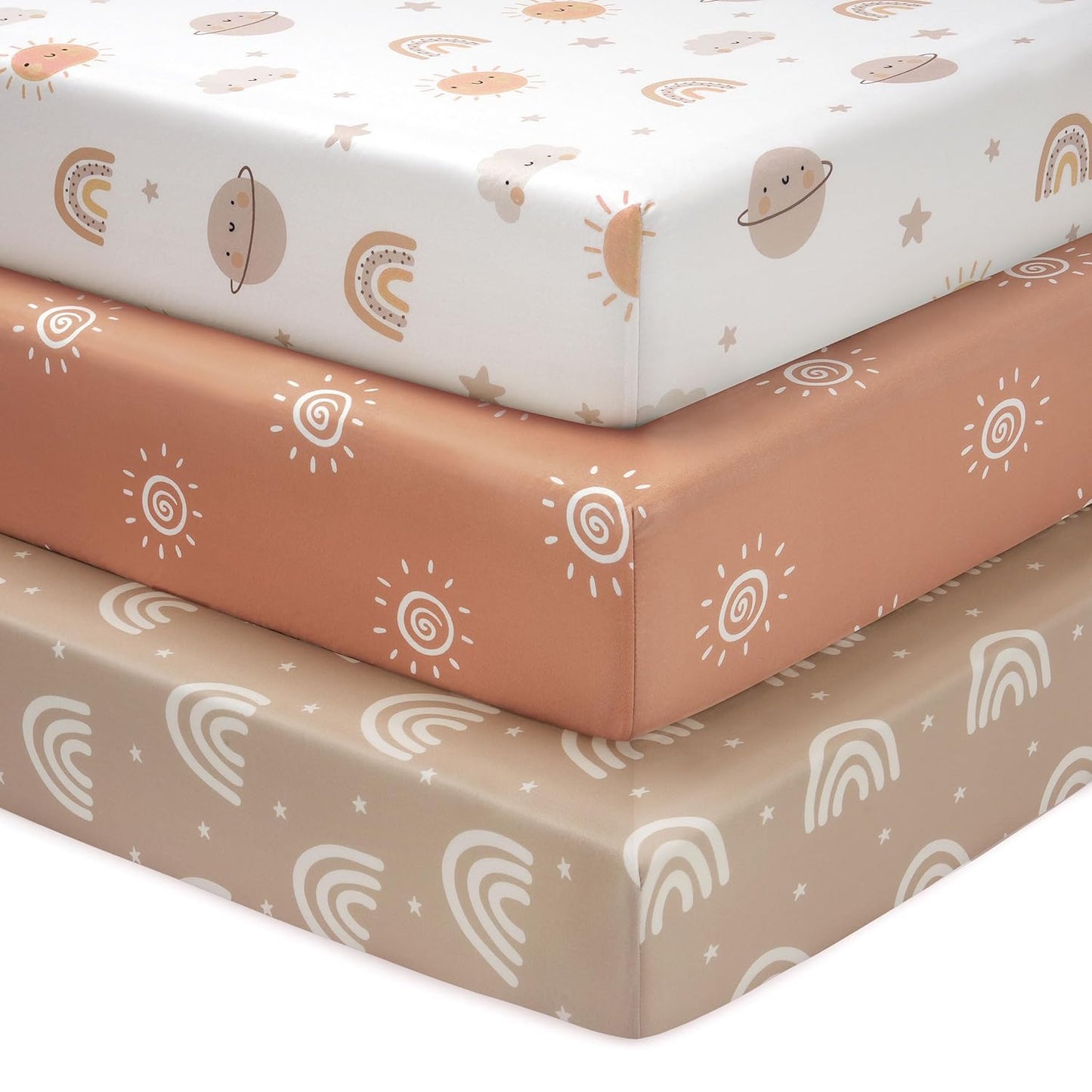 Baby Mini Crib Sheets Girl, Portable 38”x26” Pack and Play Sheets Fitted for Playard and Pack N Play Mattress, 3-Pack Soft Microfiber Pink Rainbow