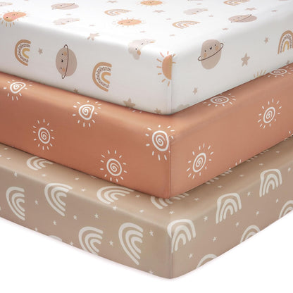 Baby Mini Crib Sheets Girl, Portable 38”x26” Pack and Play Sheets Fitted for Playard and Pack N Play Mattress, 3-Pack Soft Microfiber Pink Rainbow