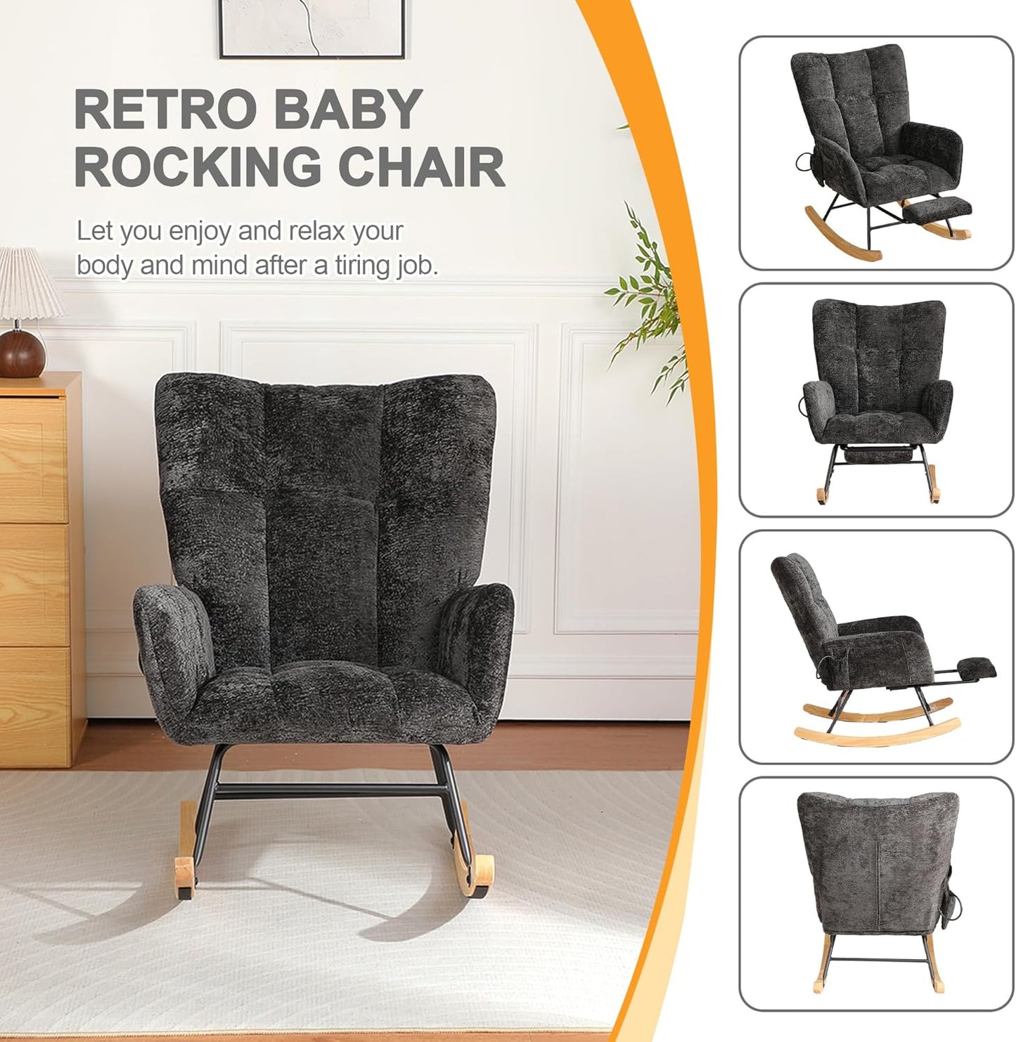 Rocking Chair Nursery with Airbag, Comfy Modern Nursery Rocking Reading Chair indoor with Footrest, Cozy Upholstered Glider Rocker Chairs for Living Room Bedroom Offices(Chenille, Dark Grey)