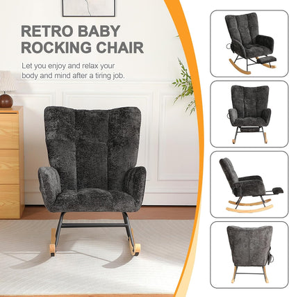 Rocking Chair Nursery with Airbag, Comfy Modern Nursery Rocking Reading Chair indoor with Footrest, Cozy Upholstered Glider Rocker Chairs for Living Room Bedroom Offices(Chenille, Dark Grey)