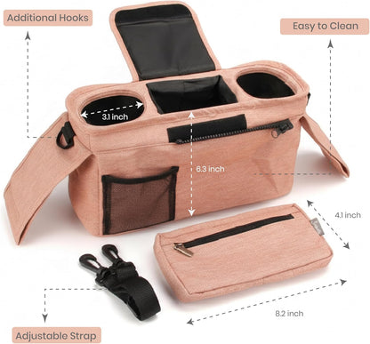 Universal Stroller Organizer, Grey - 2 Insulated Cup Holders - Non-Slip Stroller Caddy Bag - Detachable Phone Pouch - Fits Uppababy, Nuna - New Mom Essentials