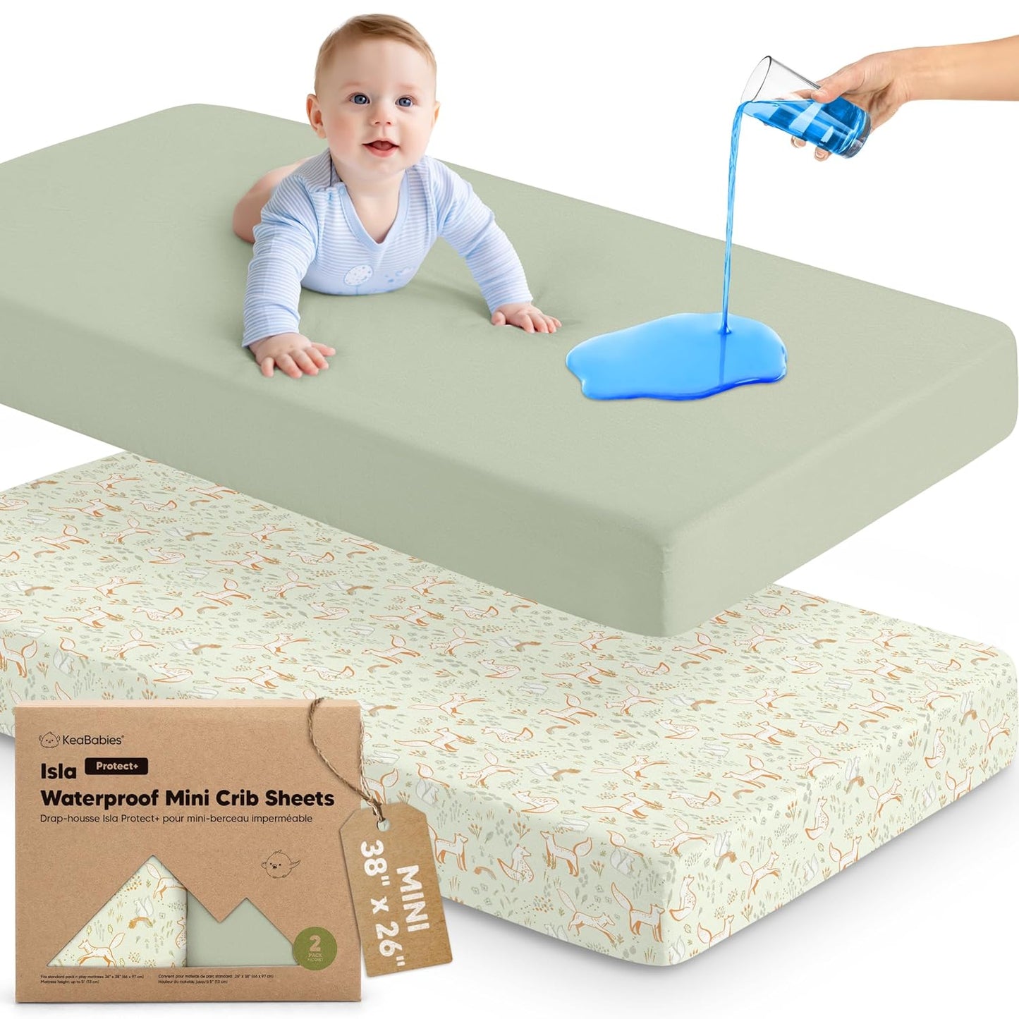 2-Pack Waterproof Pack and Play Sheets, Mini Crib Sheets Fitted for Boy, Girl - 38 x 26 Viscose from Bamboo Pack N Play Mattress Sheets for Graco, Toddler Playard Baby Crib Sheets Neutral (Blue Flax) - Colors A