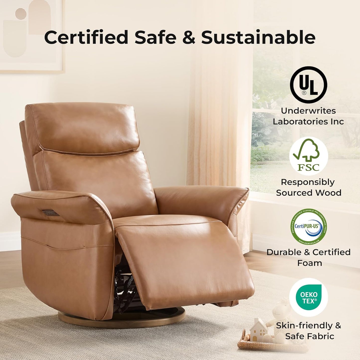 CHITA Power Recliner Chair, Electric Triple-Motor Swivel Glider Nursery Rocking Chair with Adjustable Power Headrest and Lumbar Support, GREENGARD Gold Certified, Solid Wood Base, Khaki Grey