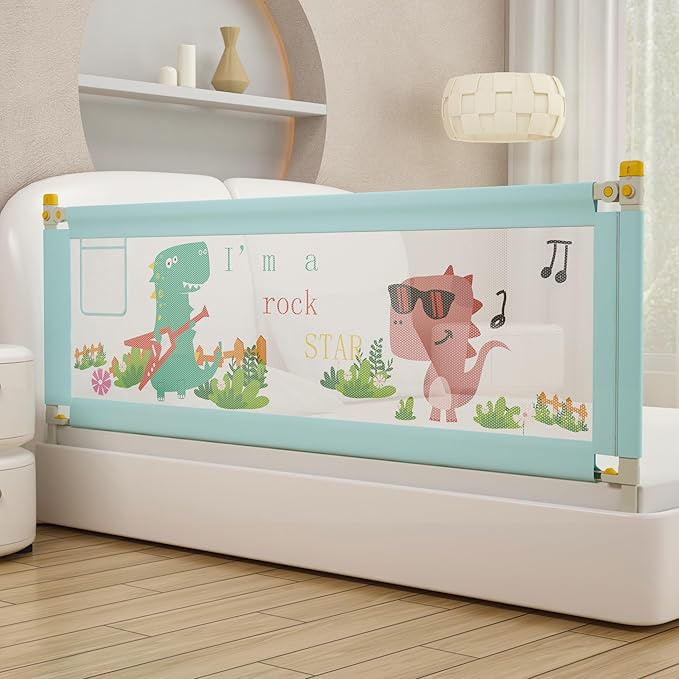 Bed Rail for Toddlers Twin, Full, Queen, King & Cal kingMattress Size | Swing Down Rail Guard | Mattress Side Rail for Kids (Blue Dinosaur, (3 Sides for King Size) 79.9x79.9x76 Inch)