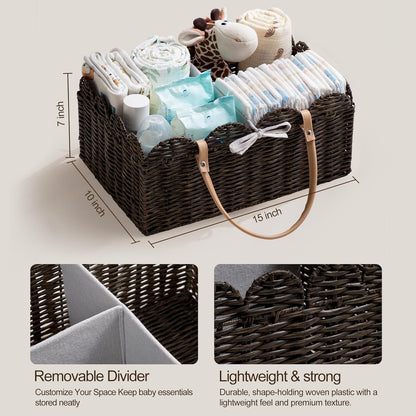 HBlife Baby Diaper Caddy Organizer, Large Portable Scalloped Plastic Wicker Woven Basket with Divider, Nursery Diaper Station, Baby Shower Gifts Basket, Car Organizer, Washable Waterproof