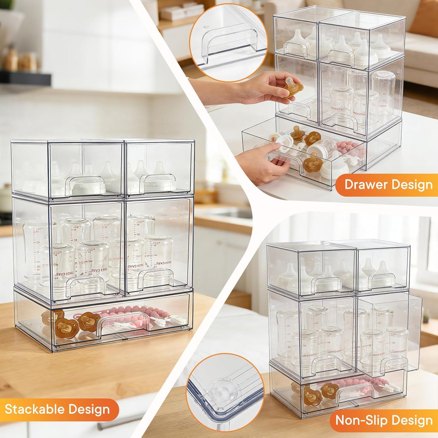 Baby Bottle Organizer, 4 Pack Clear Space-Saving Stackable Drawer with Handle, Baby Bottle Storage Organizer for Countertop and Cabinet