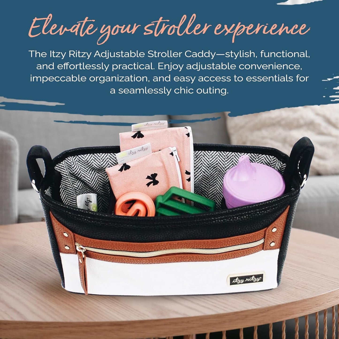 Itzy Ritzy Adjustable Stroller Caddy and Organizer Bag Featuring Front Zippered Pocket, 2 Built-In Interior Pockets & Adjustable Straps to Fit Nearly Any Stroller (Coffee and Cream)