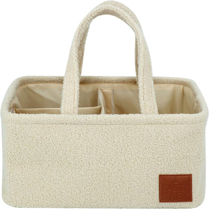 Baby Diaper Caddy Organizer: Soft Beige Teddy Wool - Portable Diaper Caddy, Car Organizer - Newborn Essentials Must Have - Nursery Storage Basket for Baby Essentials. Baby shower & Newborn Gift Idea