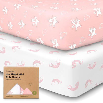 2-Pack Waterproof Pack and Play Sheets, Mini Crib Sheets Fitted for Boy, Girl - 38 x 26 Viscose from Bamboo Pack N Play Mattress Sheets for Graco, Toddler Playard Baby Crib Sheets Neutral (Blue Flax) - Colors B