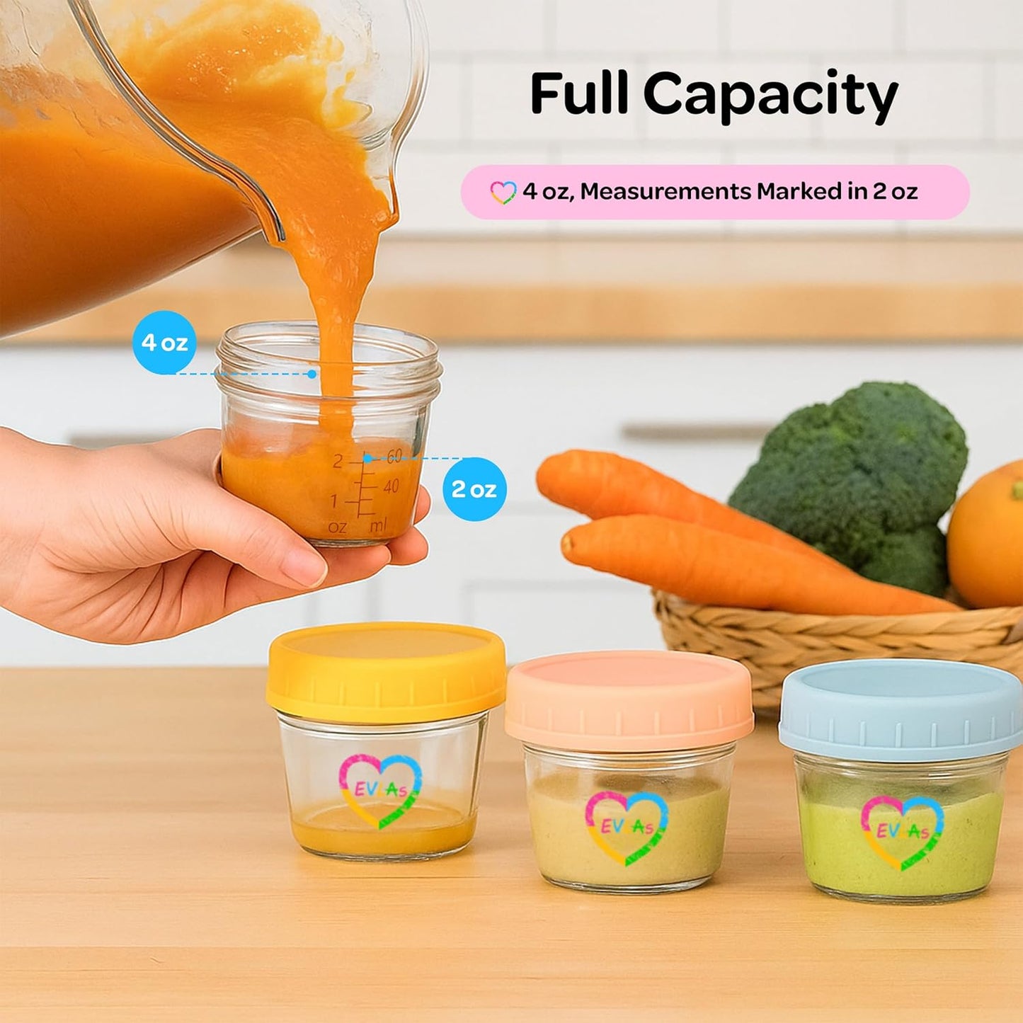 EVLA'S Baby Food Containers 12-Pack - 4 oz Glass Jars with Lids - BPA-Free, Microwave, Freezer, and Dishwasher Safe Glass Baby Food Jars or Toddler Snack Containers for Kids Purees or Breastmilk