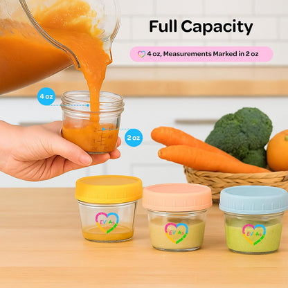 EVLA'S Baby Food Containers 12-Pack - 4 oz Glass Jars with Lids - BPA-Free, Microwave, Freezer, and Dishwasher Safe Glass Baby Food Jars or Toddler Snack Containers for Kids Purees or Breastmilk