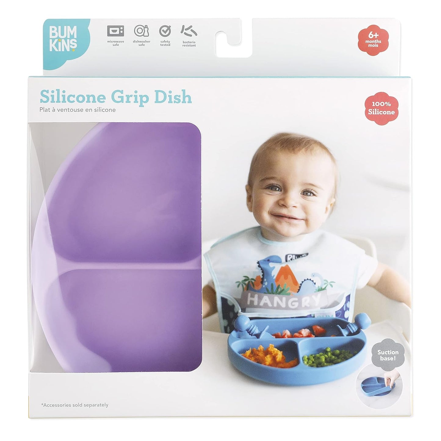 Bumkins Toddler and Baby Suction Plate, Divided Grip Dish for Babies and Kids, Baby Led Weaning, Feeding Supplies, Sticks to Tables and Highchairs, Platinum Silicone, for Chidren 6 Months, Gray
