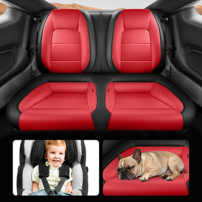 Custom Fit Ford Mustang Convertible Seat Cover 2015 2016 2017 2018 2019 2020 2021 2022 2023 2024 2025 2026, Faux Leather Car Seat Cover Full Set (Convertible-Red+Balck)