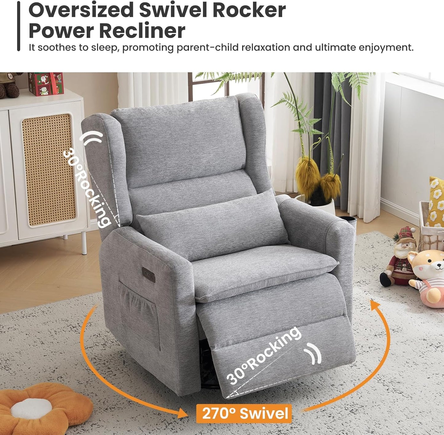 Power Recliner Chair Swivel Glider with Adjustable Headrest，Oversized Swivel Rocker Recliner with Lumbar Support, Upholstered Nursery Glider Recliner for Living Room,White