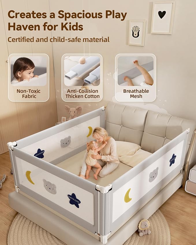 Baby Bed Rail Guard for Toddlers, Reinforced 74.8in Toddler Bed Rails for Twin, Full, King Bed with Height Adjustable, Extral Tall Child Safety Side Railing Guards/Bedrail for Kids, Grey Star, 1 Side