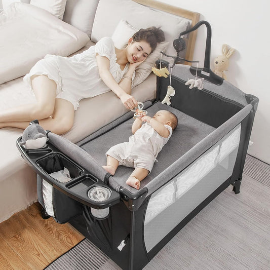 5-in-1 Pack and Play, Baby Bassinet Bedside Sleeper with U-Shaped Diaper Changer, Portable Toddler Playard for Newborn Toddlers, Baby Crib with 4 Adjustable Height, Carry Bag,Easy to Install (Grey)