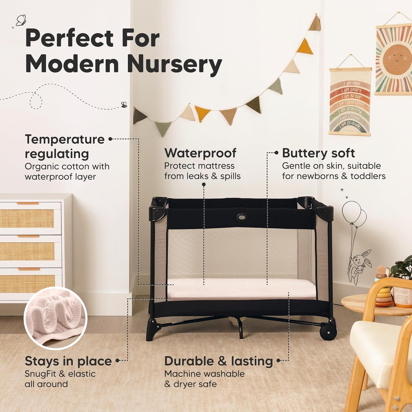 2 Pack and Play Sheets, Waterproof Mini Crib Sheets Fitted - 38x26 Organic Cotton Pack N Play Sheets for Graco Pack and Play Mattress, Playard Baby Crib Sheets,Neutral for Boy,Girl,Toddler(KeaSafari)