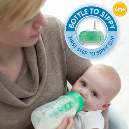 Dr. Brown's Anti-Colic Options+ Wide-Neck Sippy Bottle Starter Kit, 9oz/270mL, with Level 3 Medium-Fast Flow Nipple and Soft 100% Silicone Sippy Spout, Green, BPA-Free, 6m+, 2-Pack