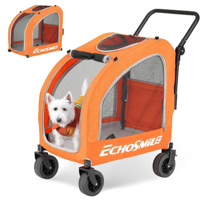 EchoSmile 4 Wheels Pet Stroller, Dog & Cat Stroller for All-Season, Lightweight Carrier with Storage Basket, Adjustable Handle, Removable Pad, Breathable Mesh, Up to 135 lbs, Grey