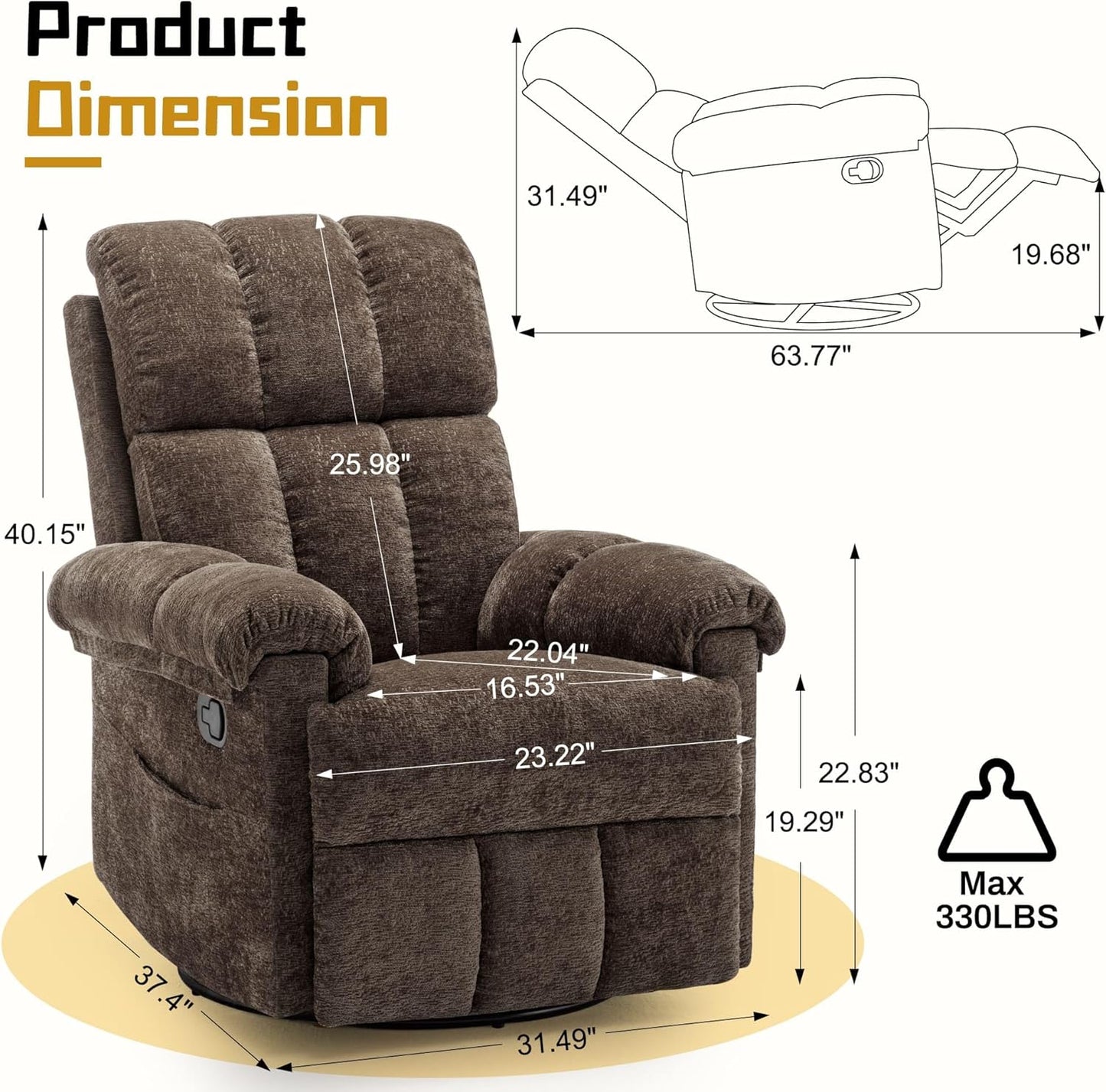 Korser Recliner Chair, Swivel Rocker Recliner Chair for Adults, Small Recliners for Small Spaces, Upholstered Manual Recliner with Side Pockets, Nursery Rocking Chair for Living Room, Chenille, Beige