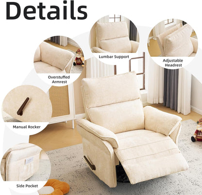 Oversized Glider Rocker Recliner, 26" Extra Wide 360° Swivel Nursery Recliner with Adjustable Headrest, Chenille Rocking Nursery Chair with Overstuffed Armrest, Lumbar Support, Light Grey