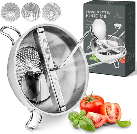 Stainless Steel Food Mill with 3 Discs – Ergonomic Rotary Hand Crank for Tomato Sauce, Applesauce, Baby Food, Mashed Potatoes, Puree & Canning