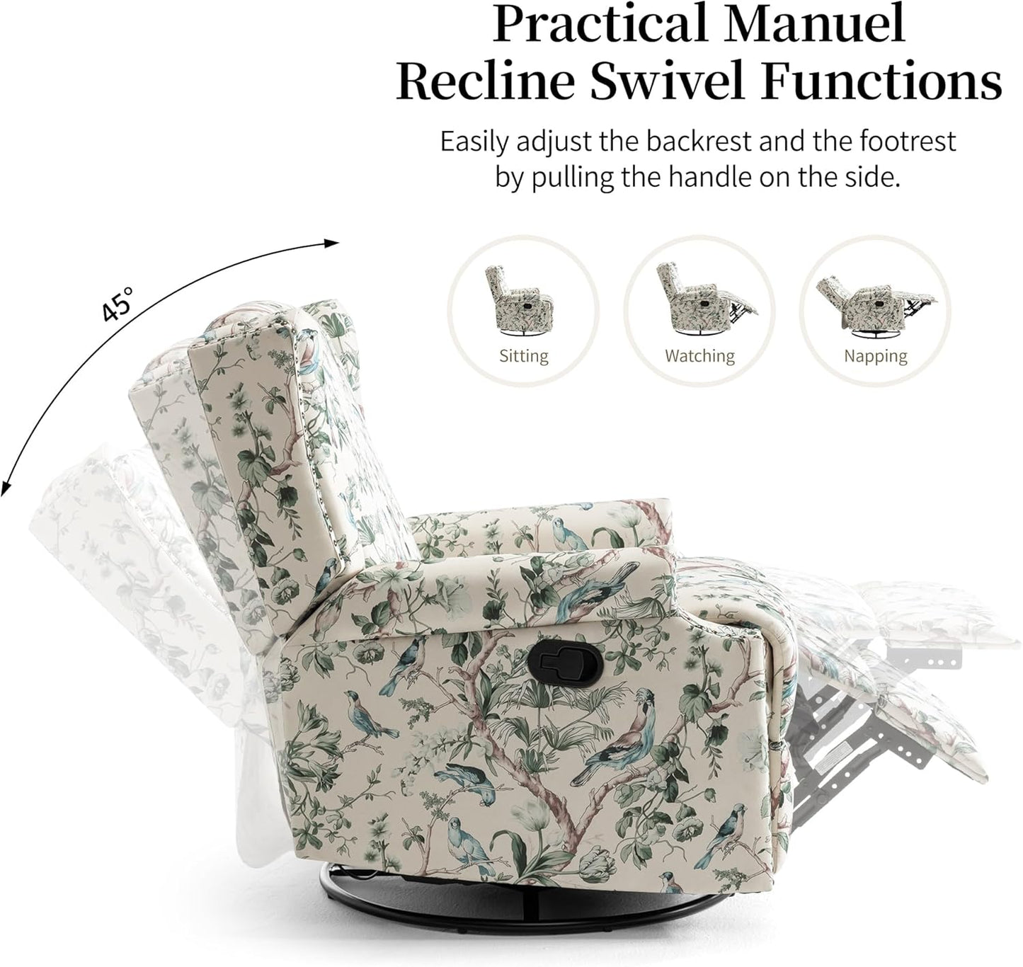 Swivel Rocker Recliner Chair, Manual Nursery Glider Recliner, Floral Fabric Wingback Accent Chair with Adjustable Backrest & Footrest for Small Spaces Living Room Bedroom (Plants Floral, Set of 1)