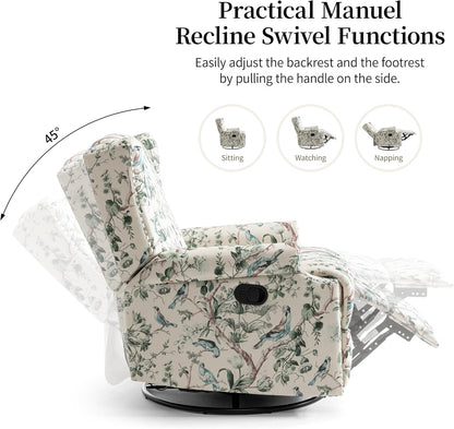 Swivel Rocker Recliner Chair, Manual Nursery Glider Recliner, Floral Fabric Wingback Accent Chair with Adjustable Backrest & Footrest for Small Spaces Living Room Bedroom (Plants Floral, Set of 1)