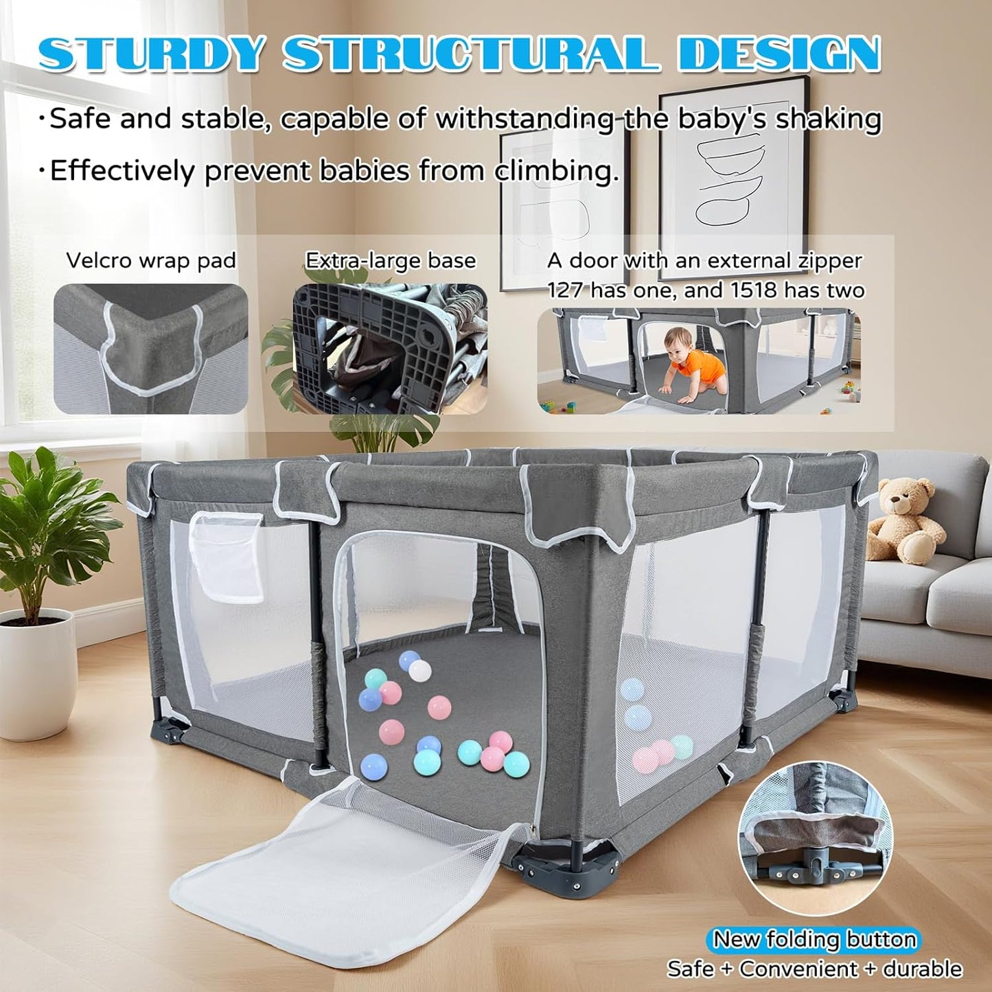 Foldable Baby Playpen,PlayPens for Babies and Toddlers，Indoor Outdoor Safety Play Area, Portable Child Activity Large Collapsible Play Yard，Folding Fence (Cationic Fabric-Grey, 50"x50")