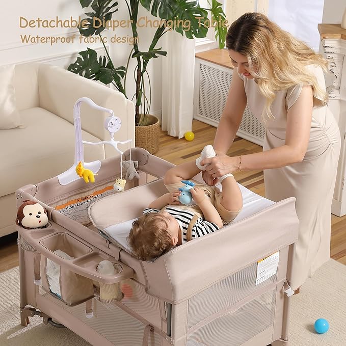 4 in 1 Pack and Play, Portable Travel Baby Bassinet, Foldable Travel Playard Playpen for Toddler, Bedside Crib Sleeper, Diaper Changer Table, Baby Playard for Newborn (Champagne)
