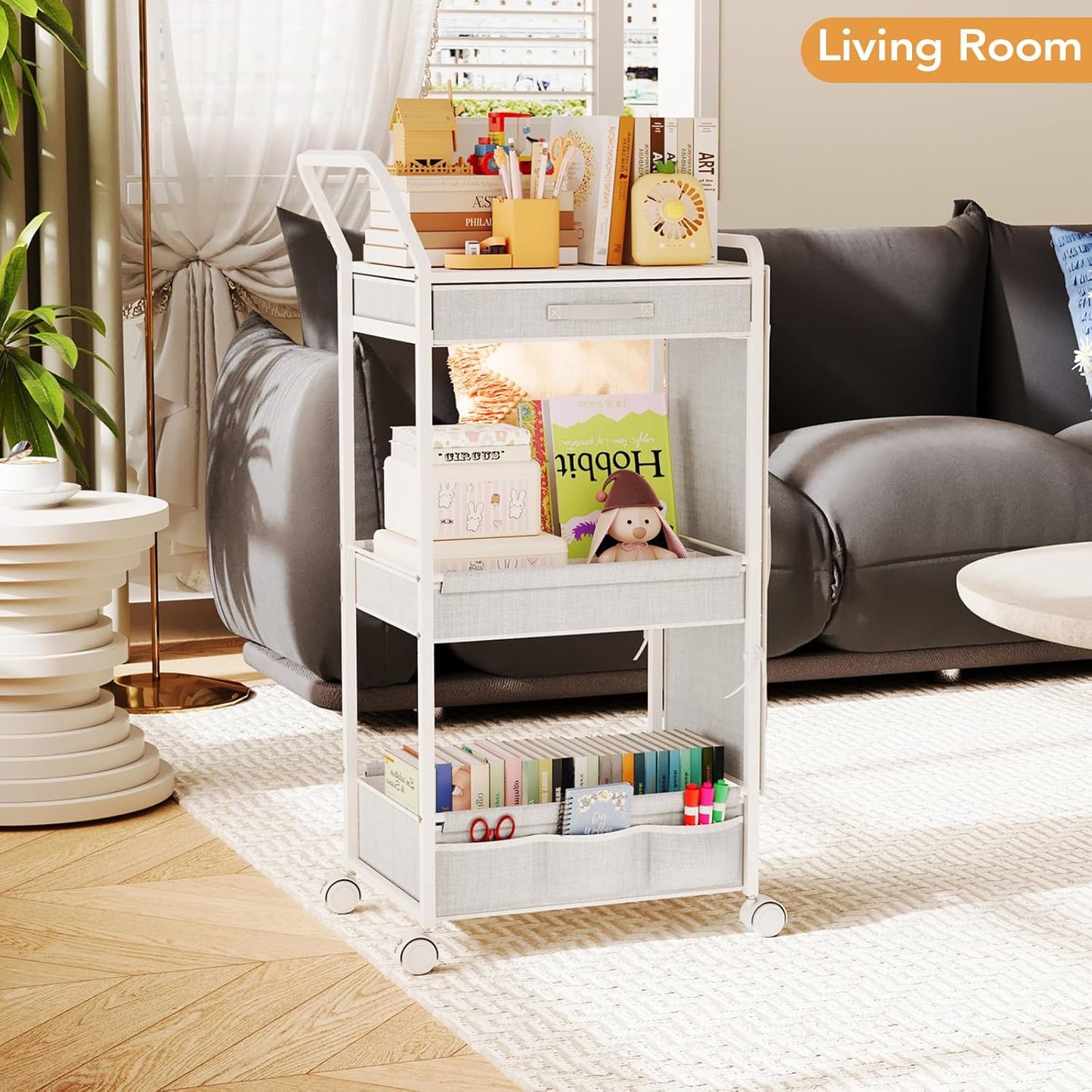 BBLIKE 3-Tier Diaper Caddy Organizer - Rolling Utility Baby Cart with Drawer and Side Pockets for Nursery and Baby Essentials, Multi-Function Cart for Bedroom and Bathroom, White