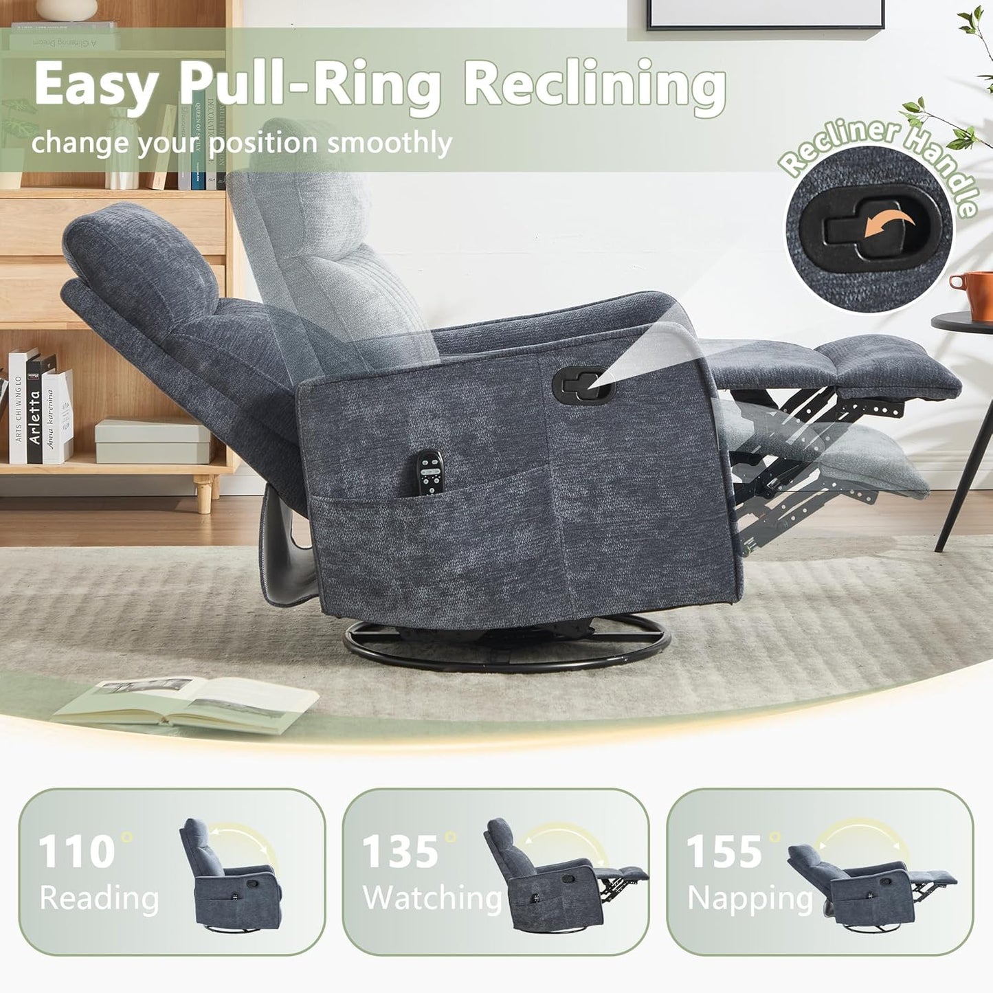 cinkehome Swivel Rocker Recliner, Glider Rocker Recliner Chair for Nursery, Manual Reclining Chair with Heated Massage, Small Spaces, Living Room, Khaki Chenille