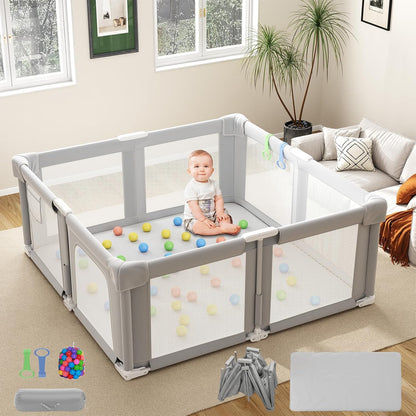 Foldable Playpen for Babies and Toddlers, 51" Portable Play Pen with Mat and Ocean Balls, Play Yard with with Visible Mesh for Inddor and Outdoor, No Assembly Required, Dark Gray