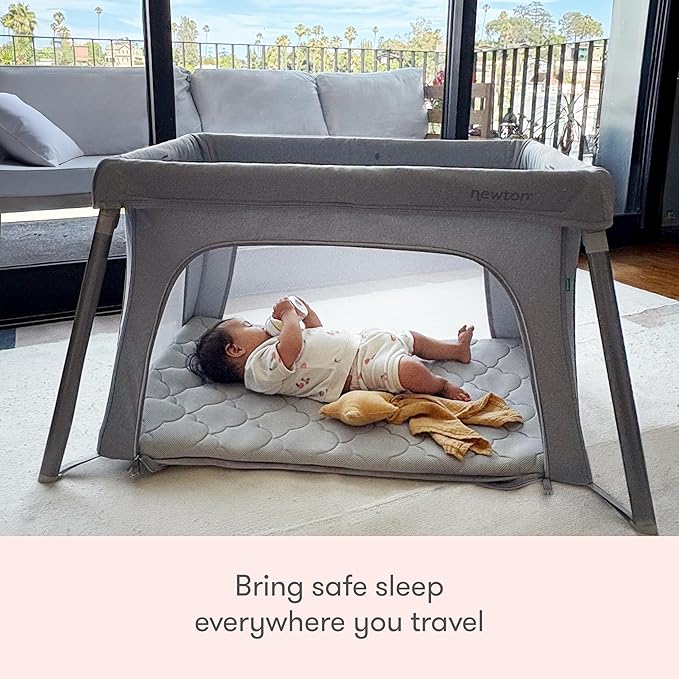 Newton Baby Compact Travel Crib & Play Yard | Breathable & Washable Mattress, Foldable Carry-On Size, Backpack Straps, Grey, Newton Bassinet Attachment NOT Included or Compatible