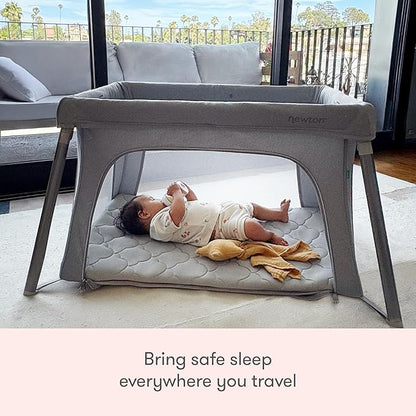 Newton Baby Compact Travel Crib & Play Yard | Breathable & Washable Mattress, Foldable Carry-On Size, Backpack Straps, Grey, Newton Bassinet Attachment NOT Included or Compatible