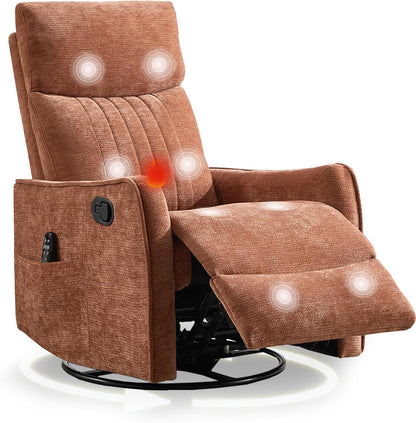 cinkehome Swivel Rocker Recliner, Glider Rocker Recliner Chair for Nursery, Manual Reclining Chair with Heated Massage, Small Spaces, Living Room, Khaki Chenille