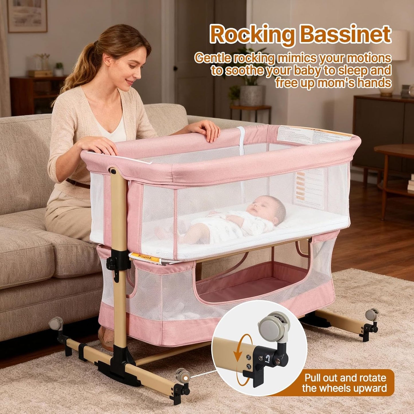 Baby Bassinet Bedside Sleeper, 3-in-1 Bedside Bassinet, 5 Height Adjustable Rocking Baby Crib, Breathable Full Mesh, Mosquito Net, Storage Basket, Stable and Secure Bassinets for Newborn (Pink)