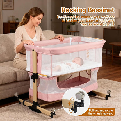 Baby Bassinet Bedside Sleeper, 3-in-1 Bedside Bassinet, 5 Height Adjustable Rocking Baby Crib, Breathable Full Mesh, Mosquito Net, Storage Basket, Stable and Secure Bassinets for Newborn (Pink)