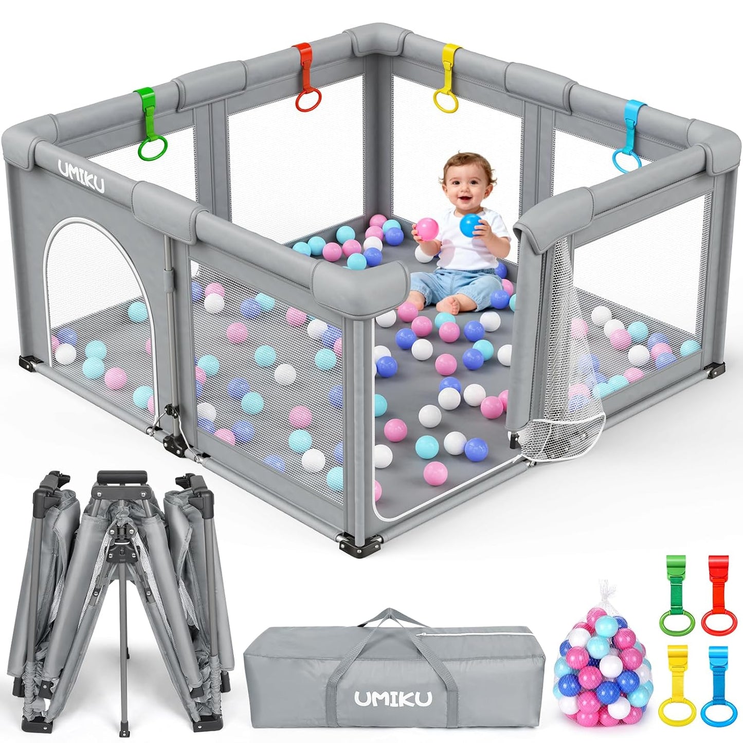 Baby Playpen Foldable Playpen for Babies and Toddlers, Large Playpens Portable Play Pen Play Yard for Kids Fence Indoor Outdoor Travel 4 Handlers 50 Balls Baby Gifts Essentials 50"X50" Dark Grey