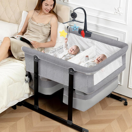 Twin Bassinet for 2 Babies, Double Bassinet for Twins with Music Toys, Mosquito Net & Storage Basket Portable Foldable Bedside Sleeper for Newborns, Grey | Side By Side Design, Independent Space, Small Space Fit, Safe Co Sleeping, Stable Frame